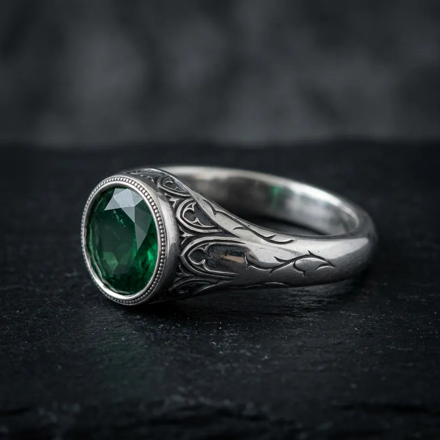 Nightshade — Gothic Lab-Created Green Stone Ring in Sterling Silver