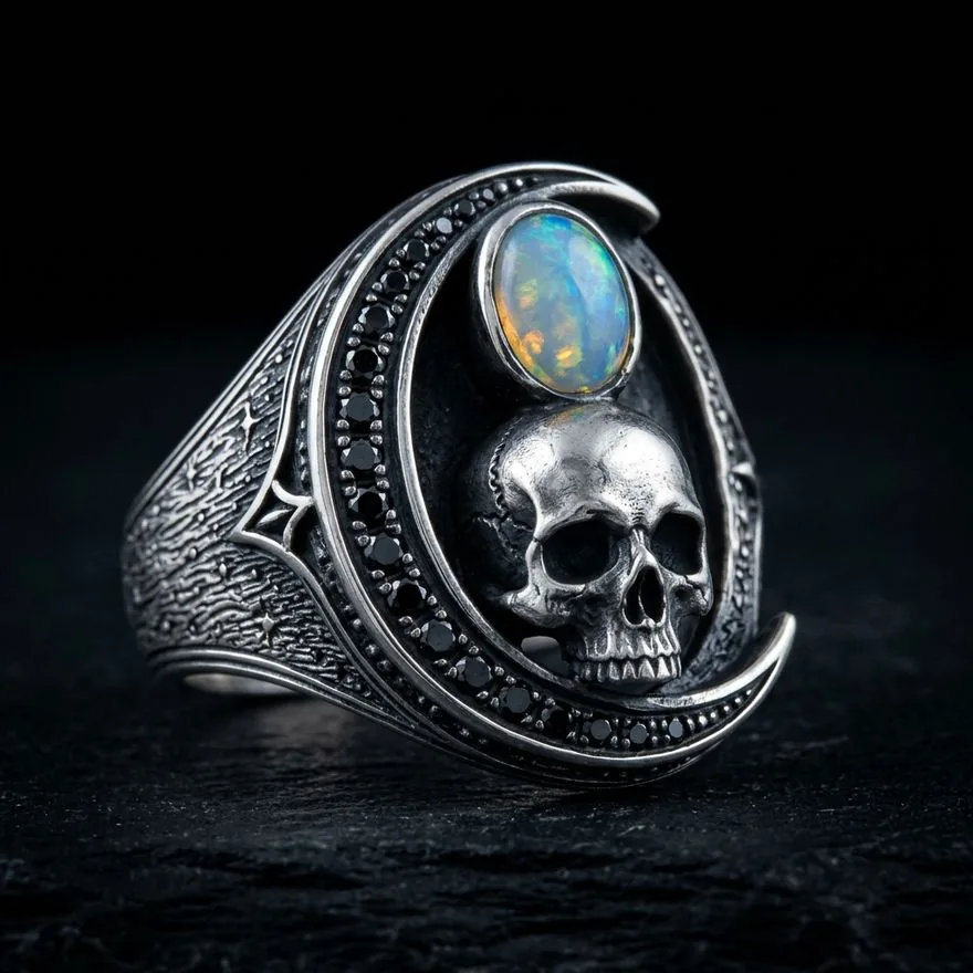 Vigil Signet — Sterling Silver Skull Ring with Lab-Created Opal